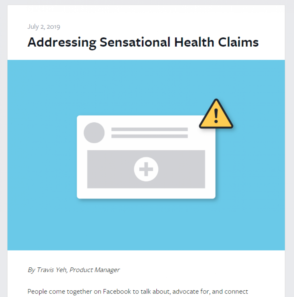 Facebook、健康に関する誇張表現を使用したページに警告